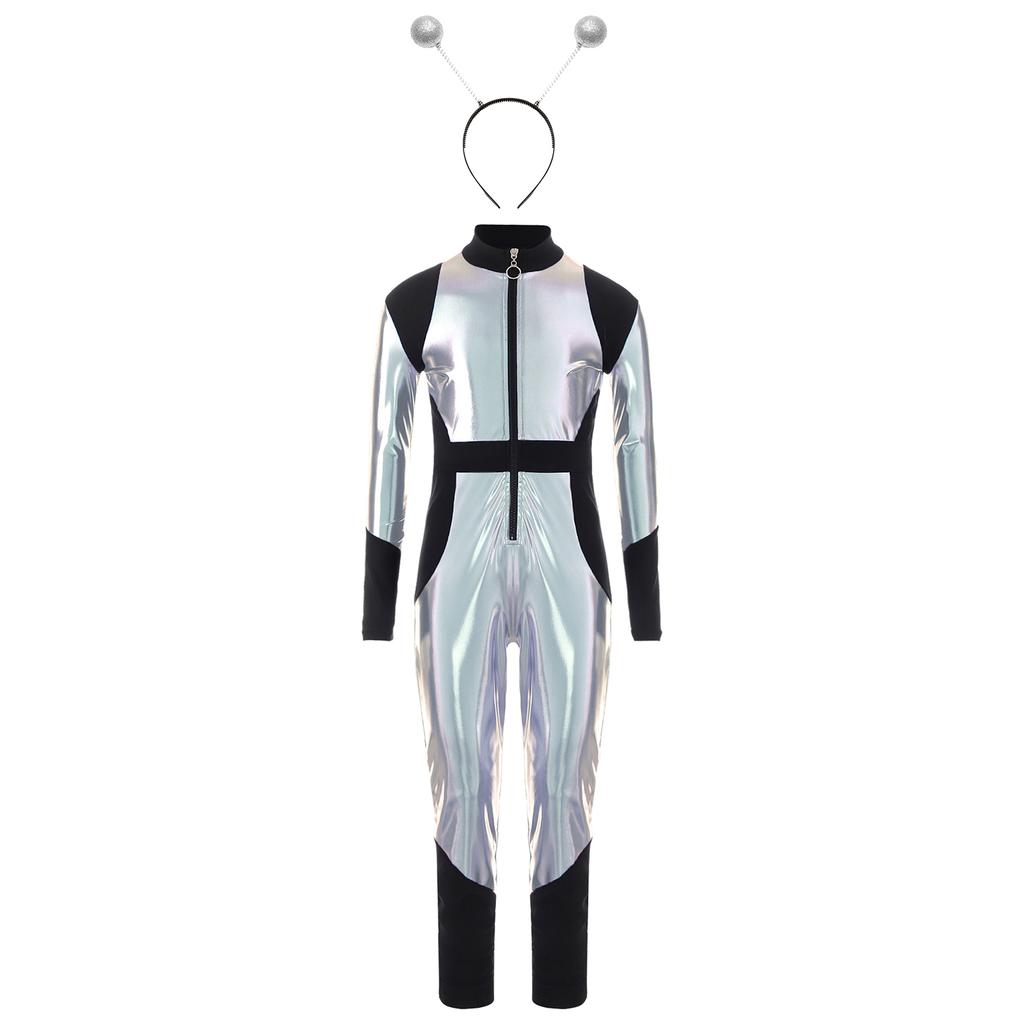 Dětský kostým mimozemšťana Cosplay Dlouhý rukáv Vysoký pas Lesklý kovový zip Kombinéza Halloweenský body