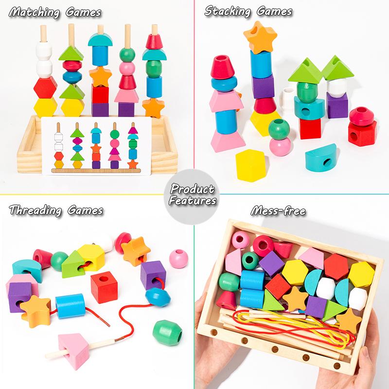 Toys Toys Toddler Wooden Montessori Beads Sequencing Stacking Block Matching Shape Lacing Beads Threading Fine Motor Skills Kids