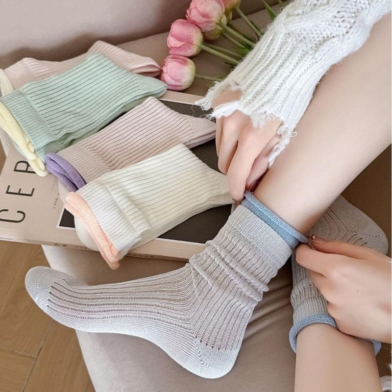 Thin Solid Color Vertical Striped Stack Socks, Breathable Mesh Double-layer Socks, Mouth Tube Women's Socks with Sweet Curled Edges