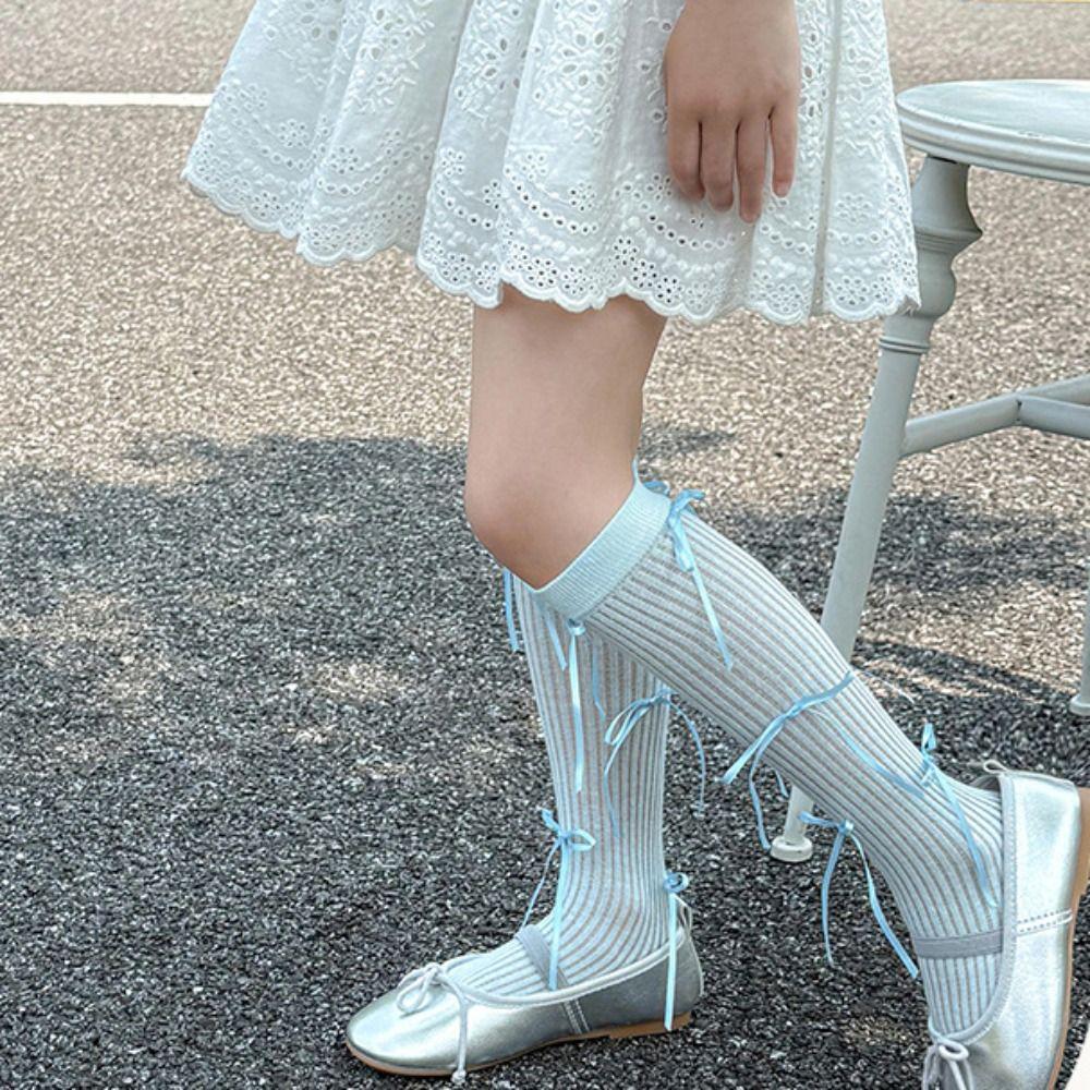 Ribbon Bow Balletcore Socks Solid Color Thin Stockings Comfortable Mid-Tube Hosiery  Women