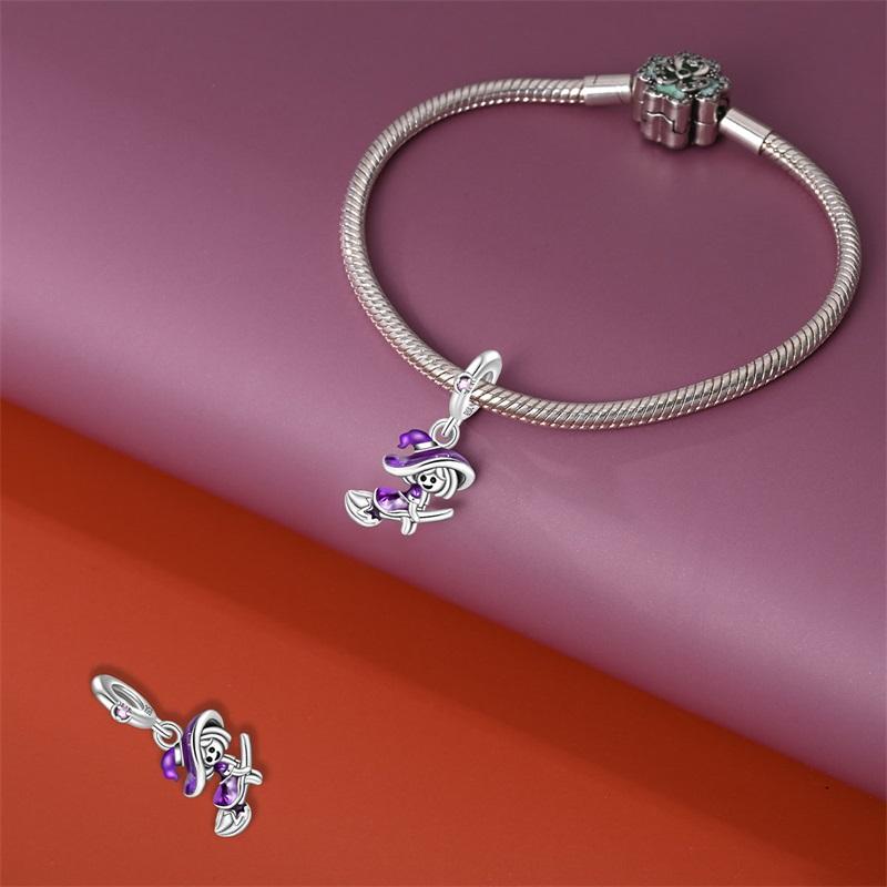 Halloween Party Copper Cute Purple Witch Riding A Broom Beads Fit Charms Diy Bracelet For Jewelry Making Women Gif
