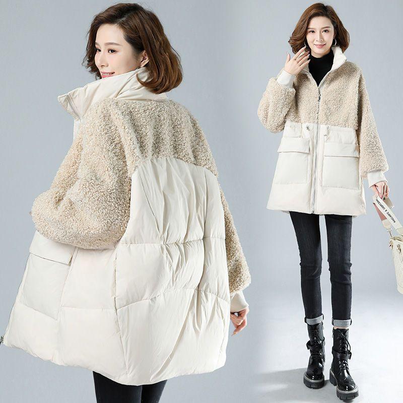 Women's Mid-Length Winter Lamb Wool & Cotton-Blend Jacket - Loose, Plus Size for Middle-Aged Women