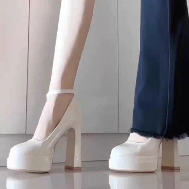 Wind European patent leather annual thick heel single shoes waterproof table versatile high heels super height increase spring celebrity shallow mouth