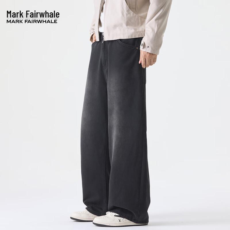 Mark Fairwhale Men's Vintage Faded Black Straight Wide-Leg Jeans