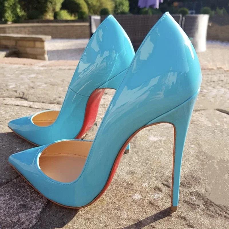 Fashion Multi colored d 12cm super high heels in pink and white patent leather, sexy and fashionable pointed thin single shoes