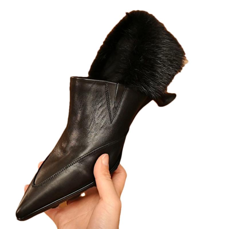 Fur Women Ankle Boots Pointed Toe Elegant Mid Heels Leather Shoes 2025 Trend Winter Fashion Pumps Designer Dress Botas De Mujer