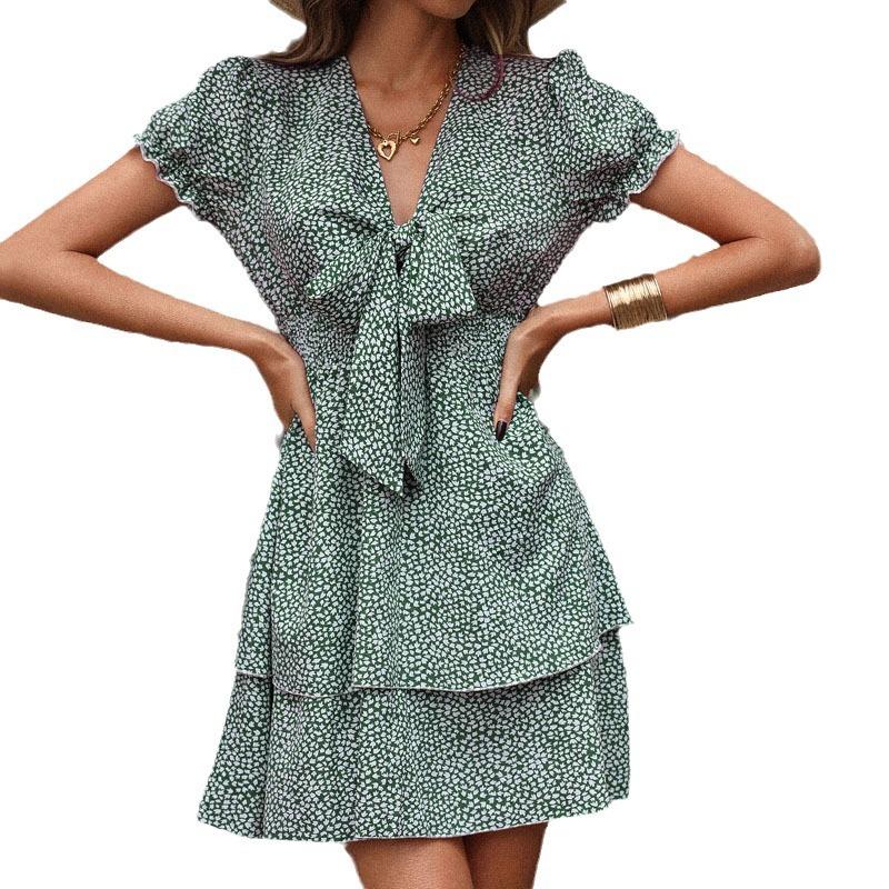 Summer New European and American Women's Clothing Printed Cake Dress Waist Bow Green Dress