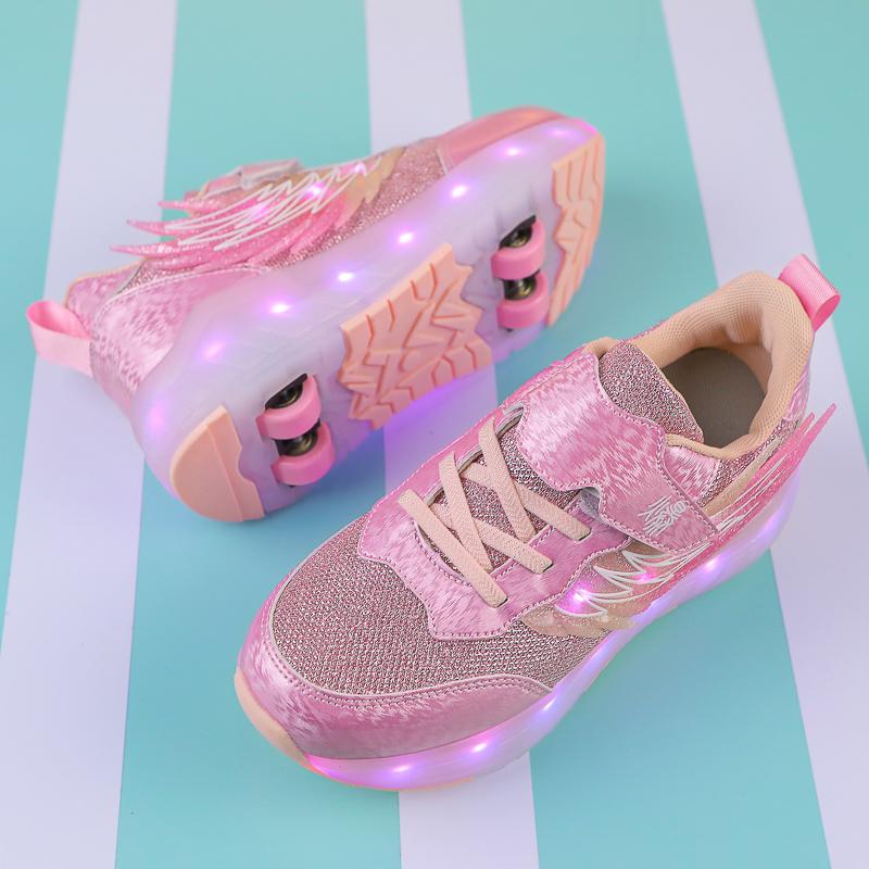 TUINANLE LED Luminous Children's Rechargeable Running Shoes with Wheel Skates Multi Light Breatheable Boy Girl