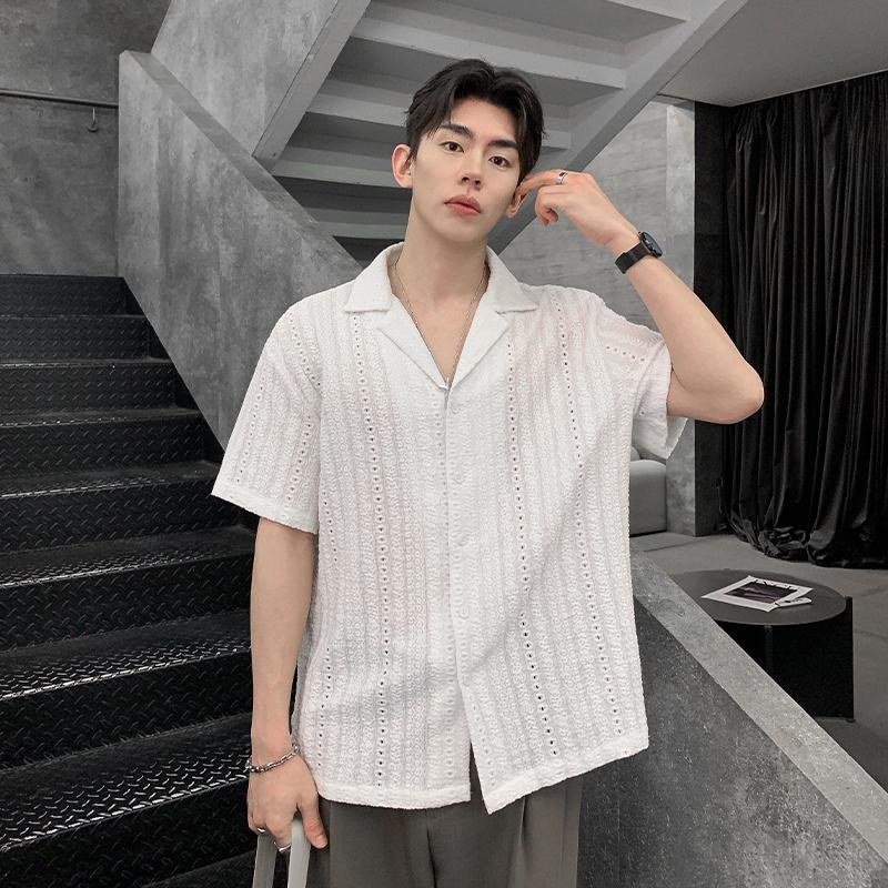 Summer Loose Hanging Collar Short Sleeved Shirt for Men, Light Luxury Style, Textured Hollow Jacquard Casual Top