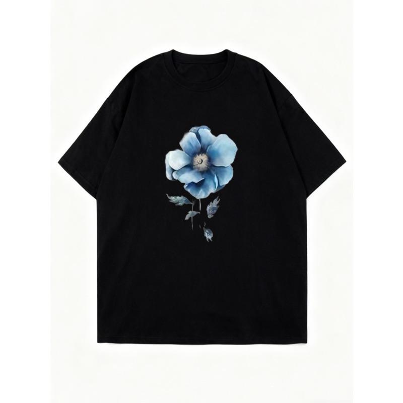 Oversized T Shirt Black Blue Flower Print Casual Wear