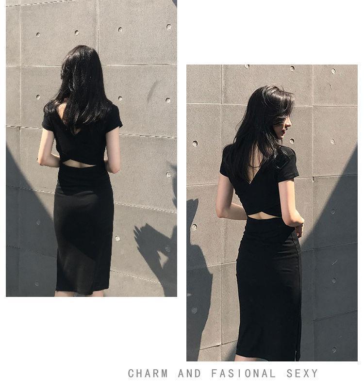 Korean Style Sexy Mid-Length Slit Backless Dress - Polyester Fiber