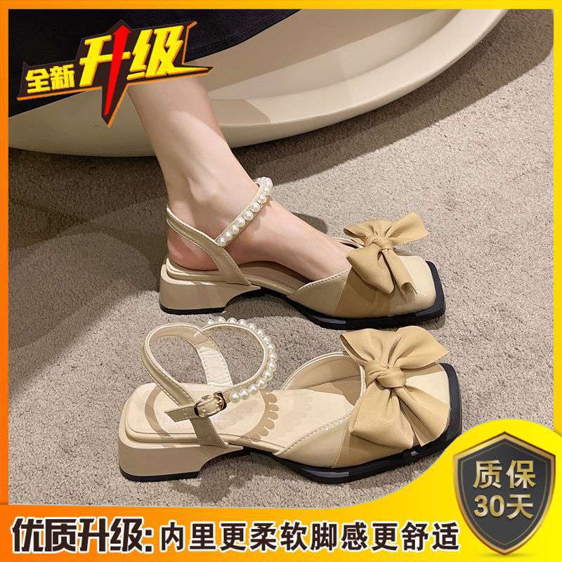 Summer Sandals Women's Summer 2025 New Thick Heel Bow Summer Low Heel Bag Head Small Leather Shoes Summer with Skirt