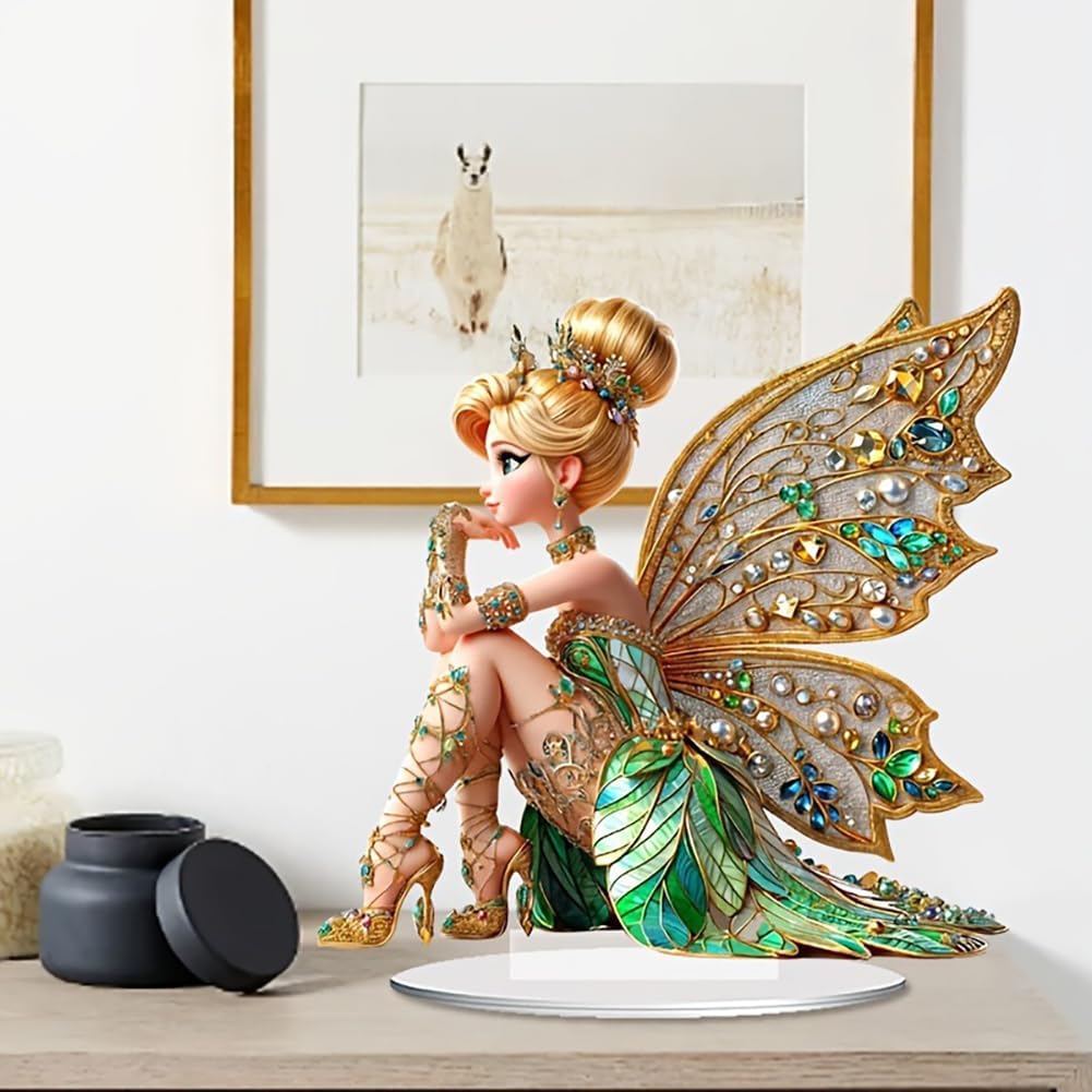 Mini Table Flower Fairy Statue Figurine Ornament Butterfly Fairy with Diamond Home Fairy Garden Decor 2D Acrylic Fairy Ornament Bookshelf Windowsill