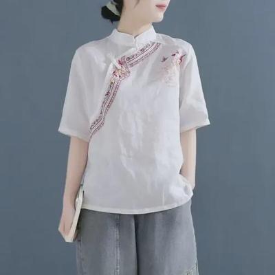 Damen Retro Besticktes Schnallen Baumwoll Leinen Hemd - 2022 Sommer Kollektion Zen Tee Komfort Kleidung