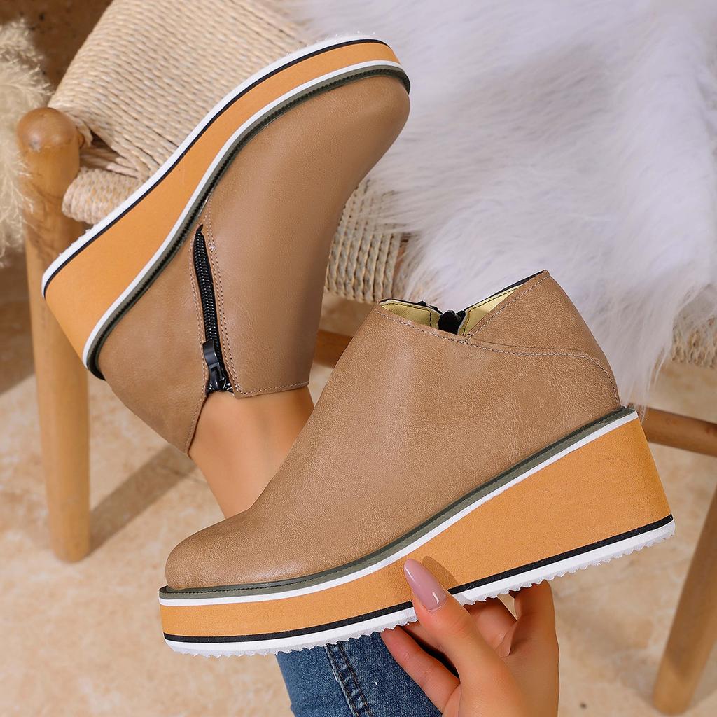 New autumn and winter women's short boots thick-soled wedge heel round head side zipper fashion boots large size women's shoes