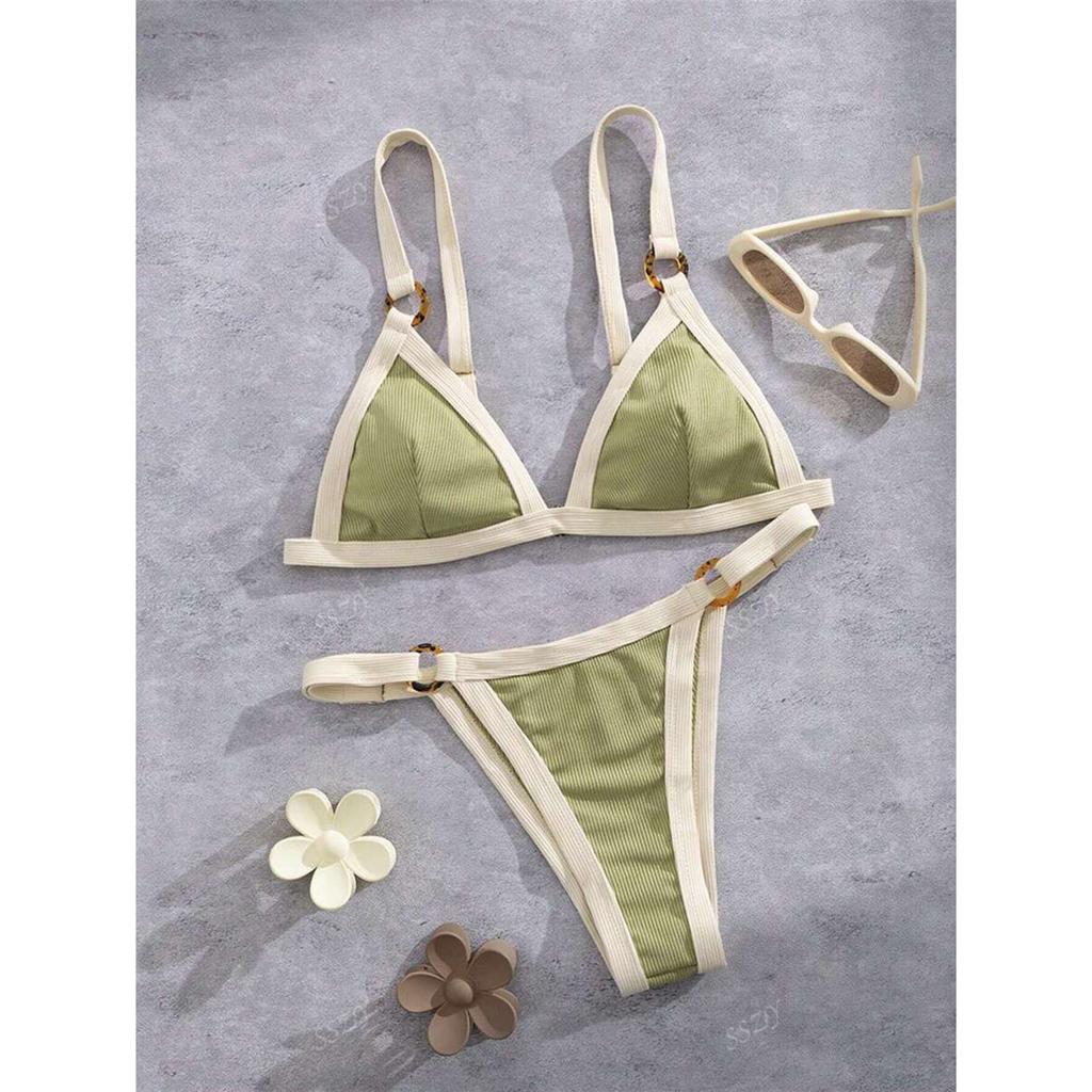 Splicing Ribbed Bikini Women Swimwear Female Swimsuit Two-Pieces Bikini Set High Cut Leg Padded Bather Bathing Suit Swim V7694