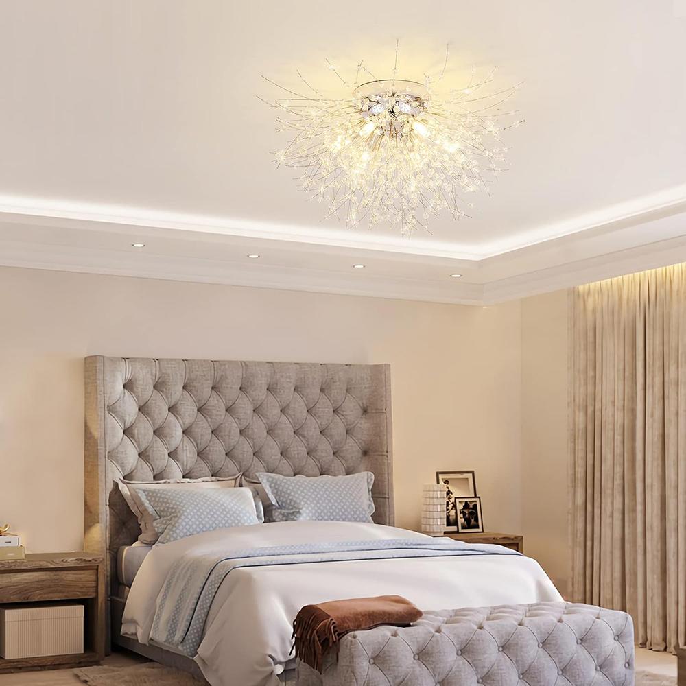 6-Light Sputnik Flush Mount Ceiling Light Fixture, Modern Chrome Crystal Firework Ceiling Lights, Close to Ceiling Lamp for Bedroom Kitchen Hallway