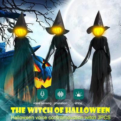 Halloween Voice Control Induction Luminous 3 People Holding Hands Witch Hen Party Backdrops Halloween Birthday Party Decoration