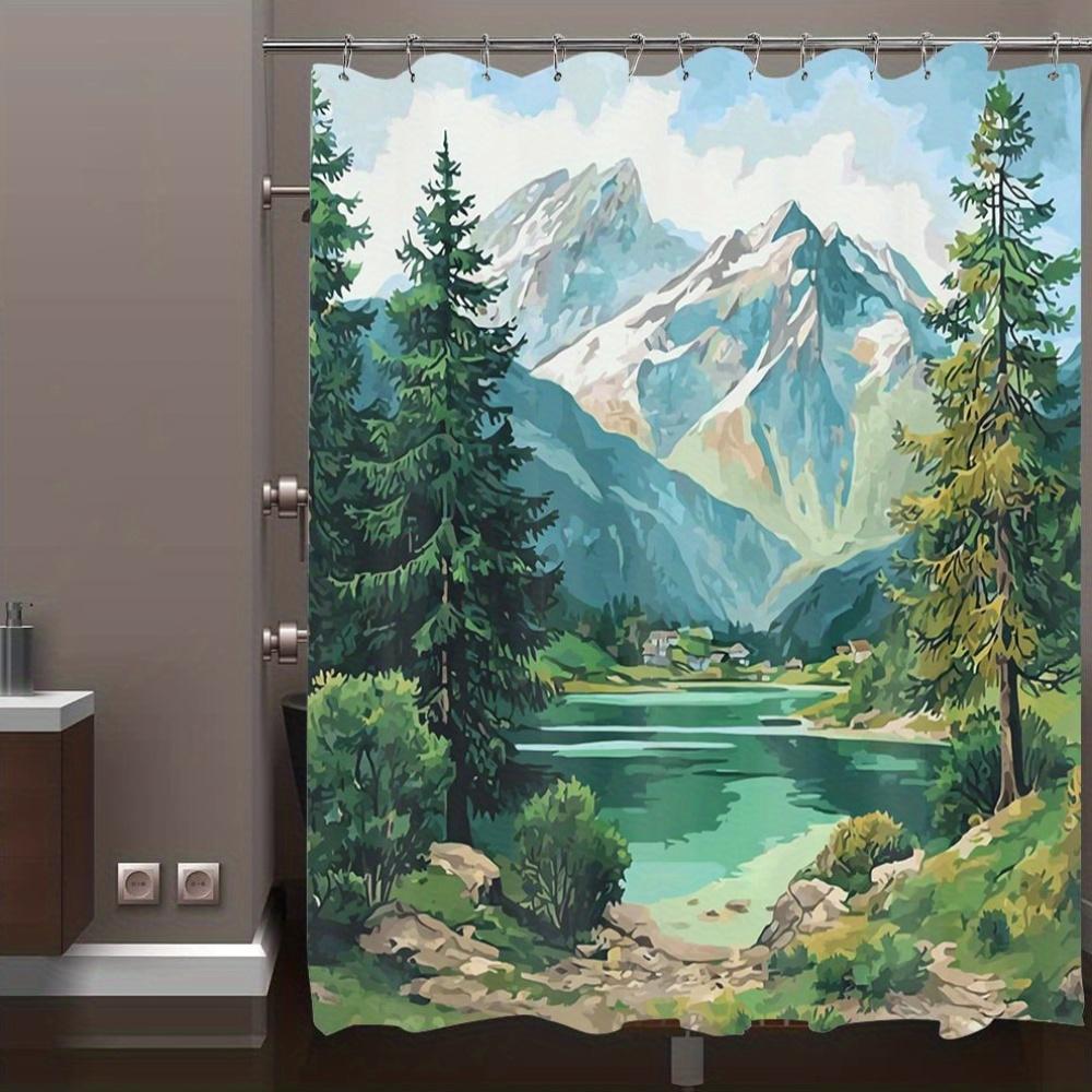 Watercolor Mountain Lake Illustration Shower Curtain 1Pc With 12 Hooks For Bathroom Home Decor Polyester 70.8X70.8 Inch