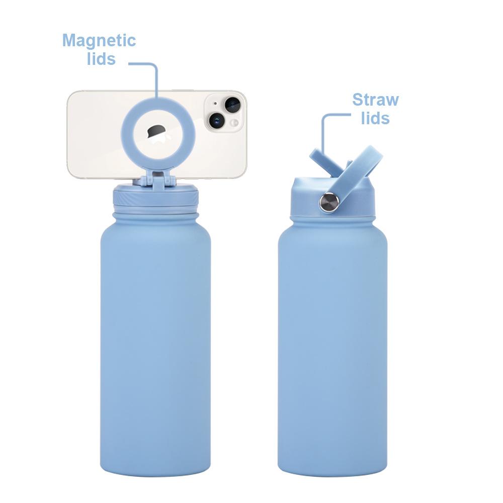 Large Capacity 1L Straw Thermos Cup, Mobile Phone Magnetic Suction Bracket, Water Cup, One Cup With Two Lids, Outdoor Sports Kettle.