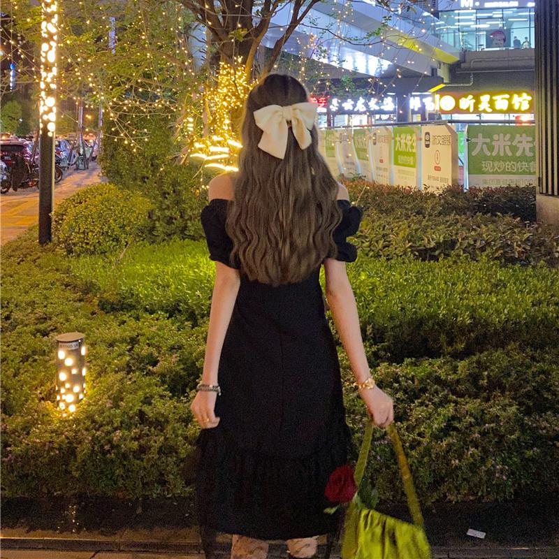 Sommer Kvinner Gotisk Svart Blonder Volanger Kjole Cross Slash Neck Slank Prinsessekjole Puffermet Søt Kawaii Lolita Festkjole