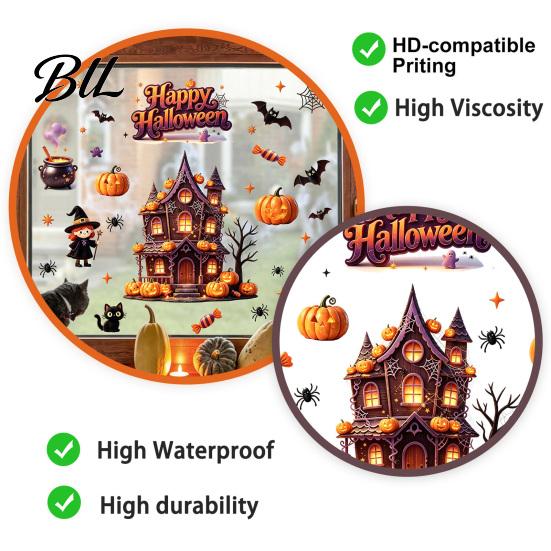 Waterproof PVC Glass Layout Supplies Halloween Static Window Clings, Spooky Haunted House Decals with Pumpkin Funny Holiday Party Room Decor