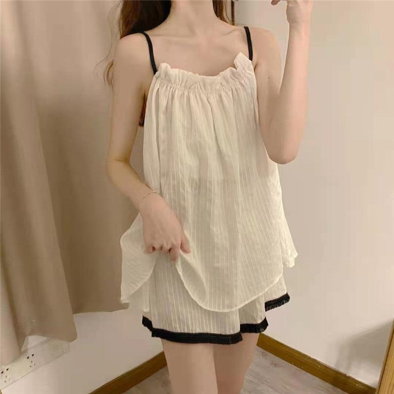 Summer Women Two Pieces Thin Pajamas with Suspenders Solid Soft Short Cotton Homewear Simple Loose Outdoor Gilrs Set Clothing