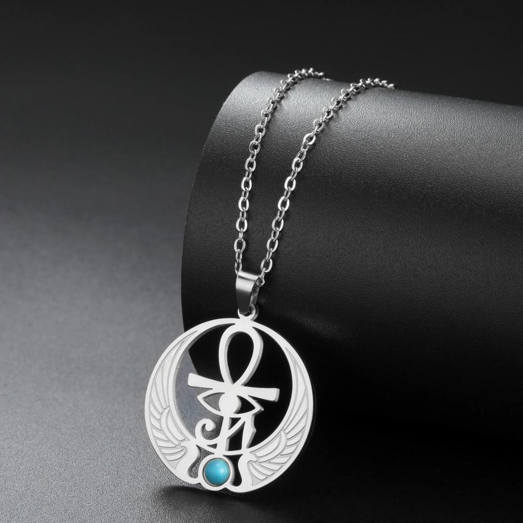 Ancient Egyptian Symbol Horus Eye Pharaoh Protection Amulet Talisman Pendant Necklace Blue Rhinestone Men Women Stainless Steel Chains Jewelry Gifts