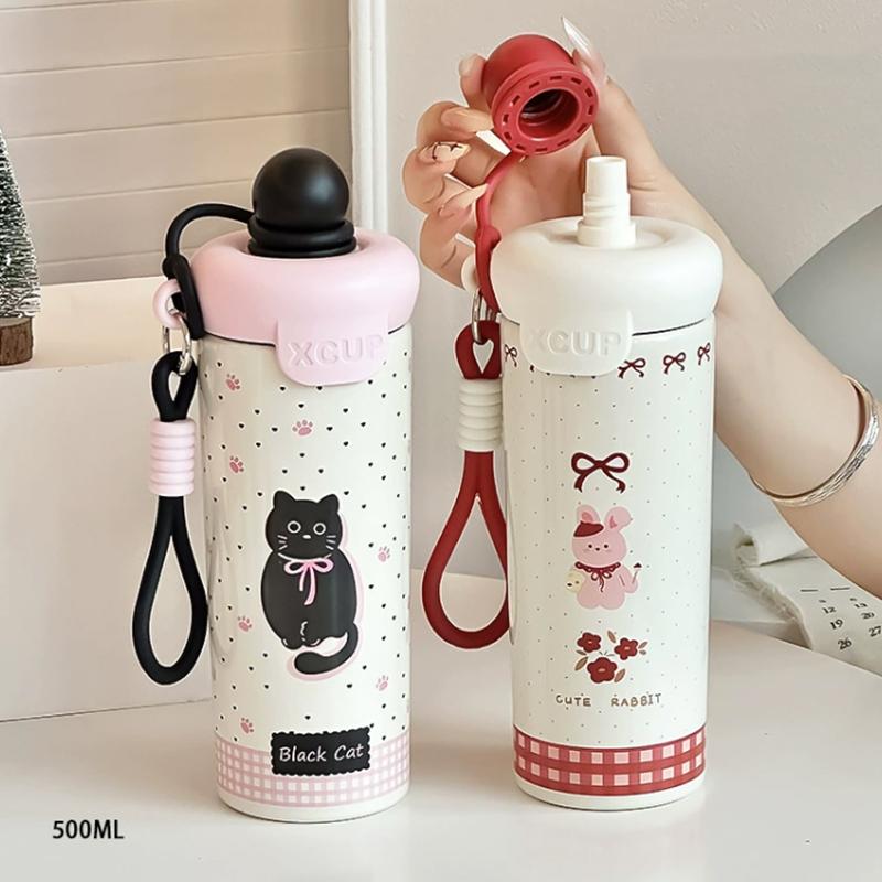 Taza de vacío portátil de dibujos animados de alta capacidad con cuerda de elevación Botella de taza de acero inoxidable 316 Botella de agua aislada Para niños y niñas