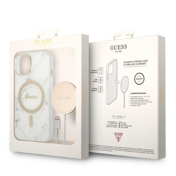 Guess GUBPP14MHMEACSH Case+ Charger Set iPhone 14 Plus / 15 Plus 6.7" white/white hard case Marble MagSafe