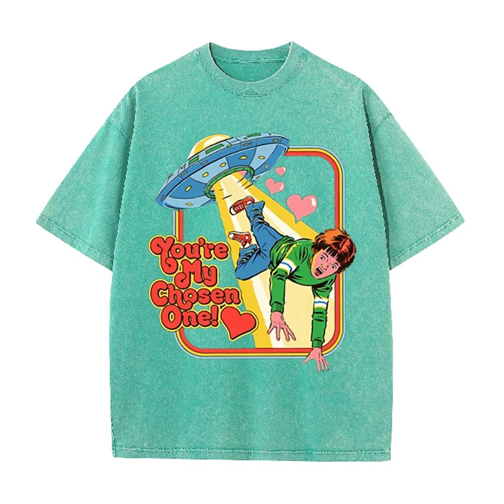 2026 Youre My Chosen One Retro Ufo Alien Abduction Boy Graphic Washed T Shirt Funny Love Meme Casual Oversized Short Sleeve Str