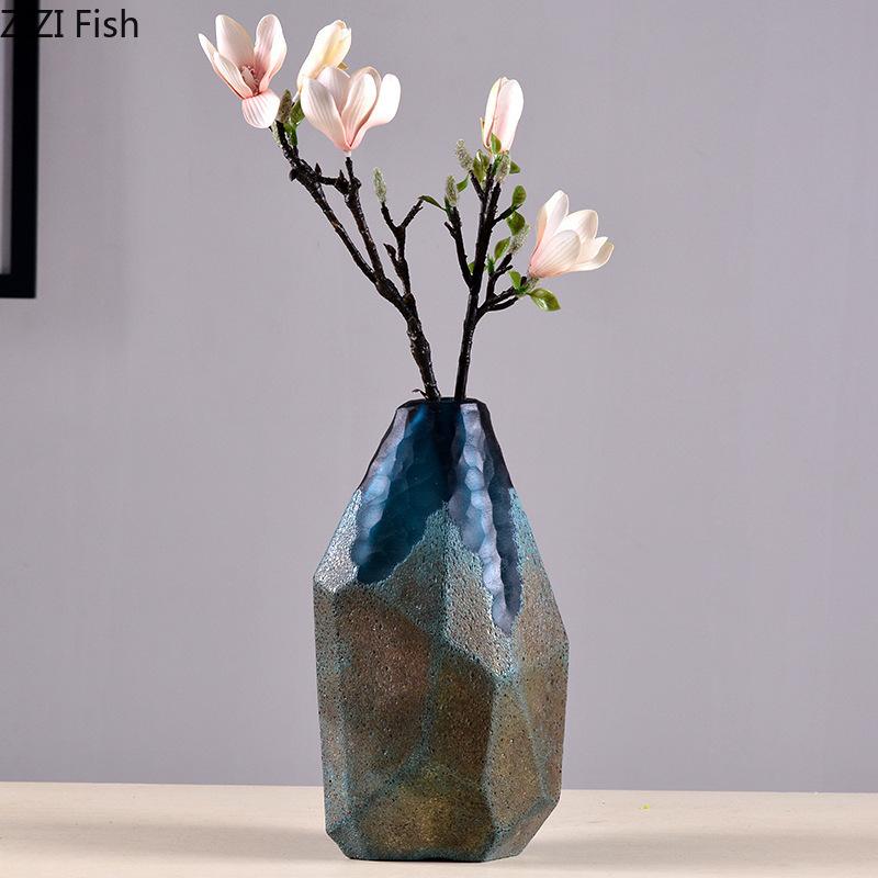 Geometric Texture Glass Vase Modern Blue Flower Pots Desk Decoration Flowers Arrangement Floral Vases Room Aesthetic Decor