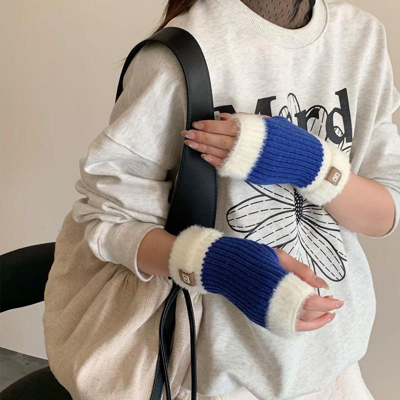 1Pair Fingerless Gloves Solid Color Plush Warm Knitted Soft Half-Finger Flexible Cold-proof
