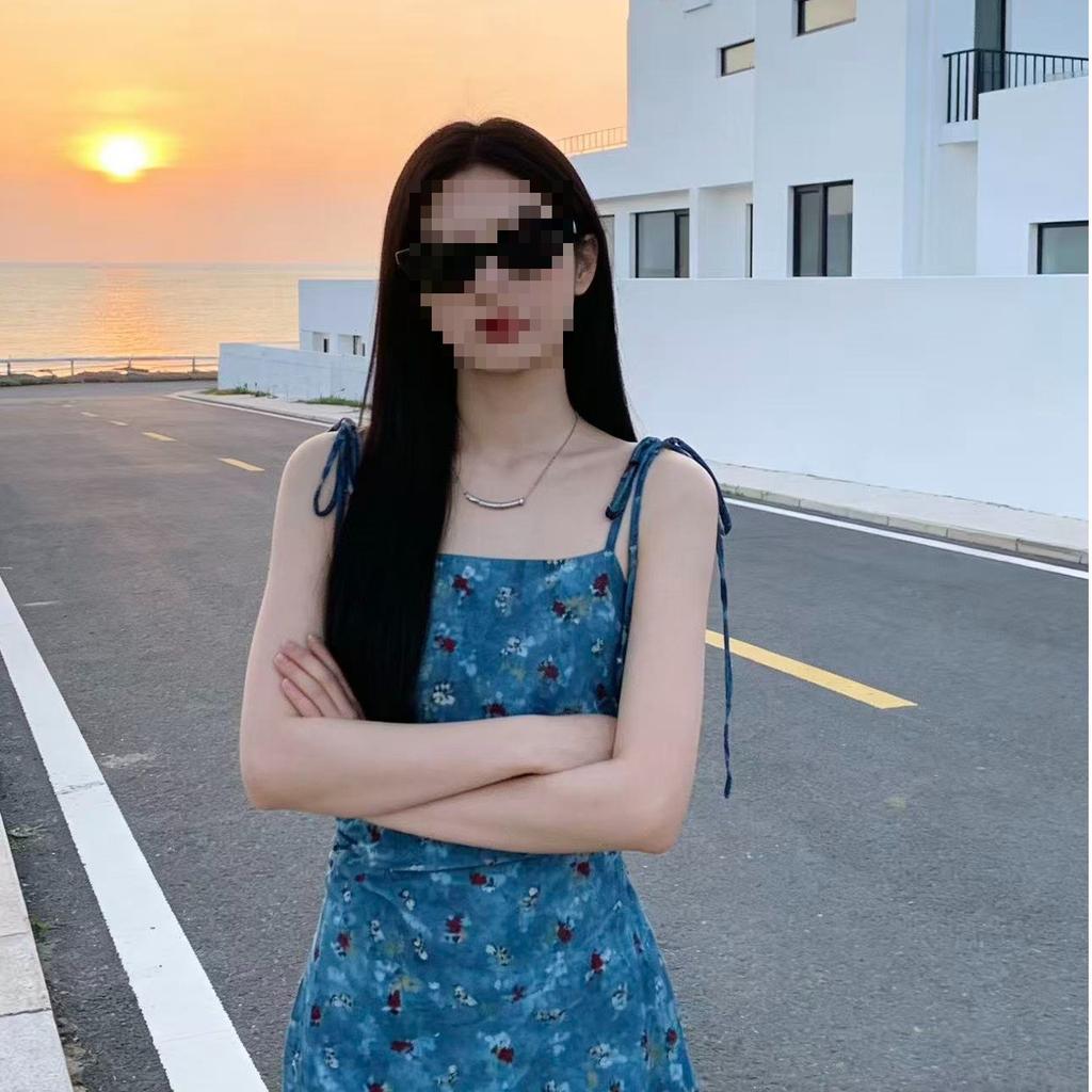 Summer Design Floral Suspender Skirt Suspender Dress New Spice Girl Style Collection Irregular Medium and Long Blue