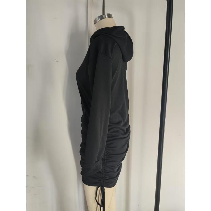 Women Fashion Side Drawstring Pleated Hooded Long Sleeve Sweatshirt Dress
