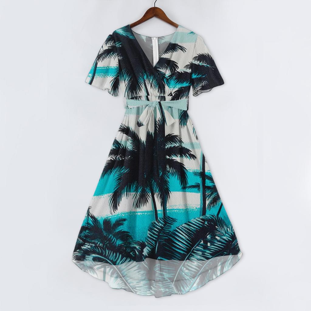 Women’s Casual V Neck Short Sleeve Midi Dress with Vintage Floral Print Relaxed Fit Lightweight Fabric for Everyday Wear