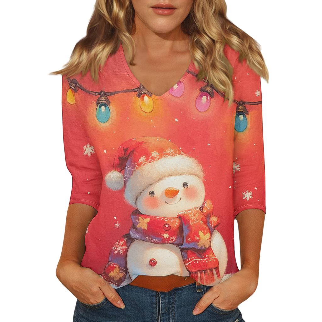 Ladies' Christmas Printed Fashionable Casual Seven Quarter Sleeved V-neck Top