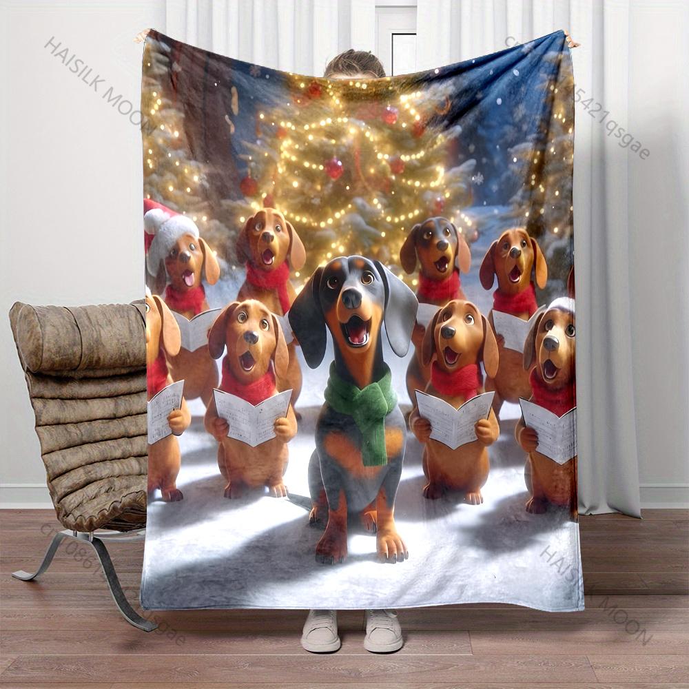Dachshunds Singing with Christmas Trees Pattern Blanket Flannel Material Soft Warm for All Seasons For Home Outdoor Camping
