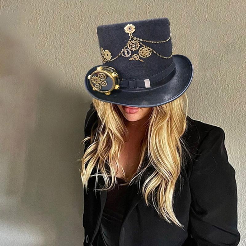 Steampunk Top Hat with Goggles Halloween Metal Gear Decor Hat Gothic Cosplay Magician Hat Unisex Jazzs Hat
