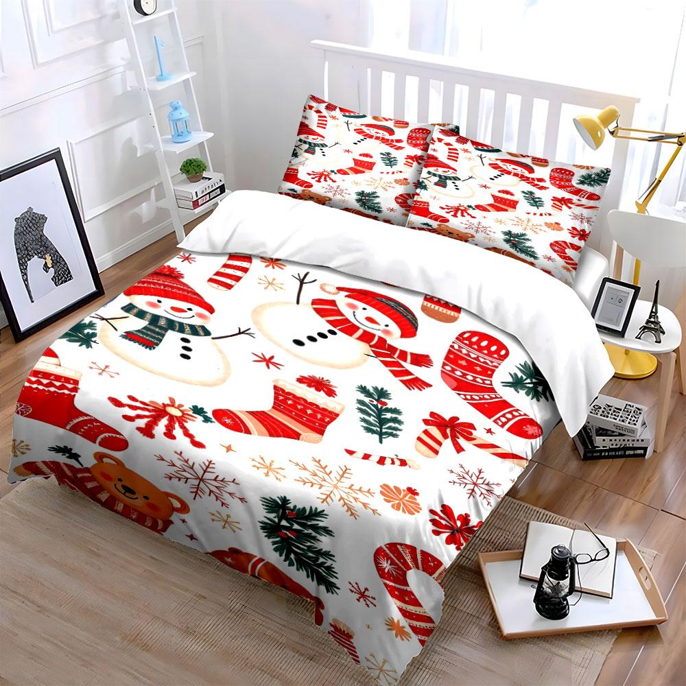 Christmas Snowman and Bear Pattern Bedding Duvet Cover Set Duvet Cover Pillowcases (1*Duvet Cover 2*Pillowcases, without duvet insert)