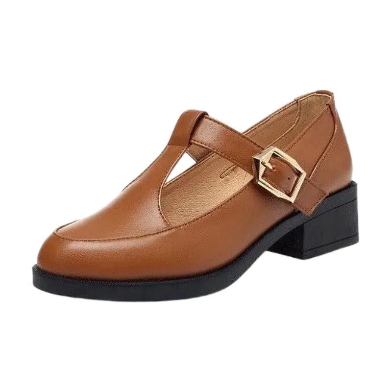 2025 Summer Soft Leather Non-slip Medium Heel T-shaped Buckle Leather Shoes High Heel Round Head Thick Heel Middle-aged Mother Single Shoes Women