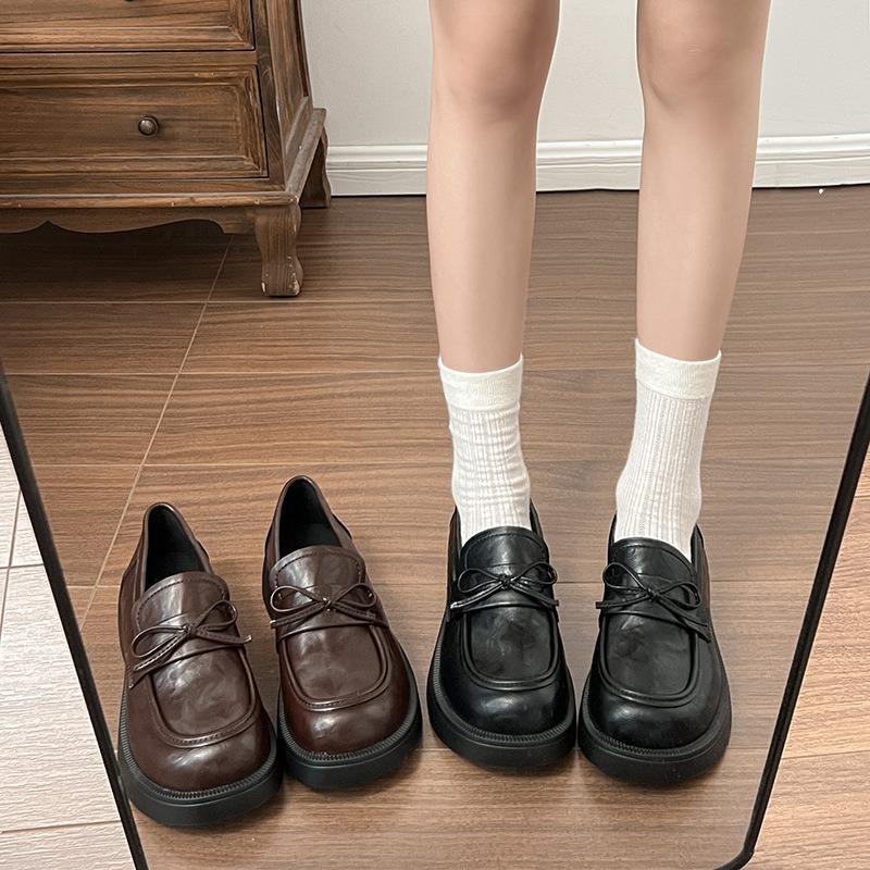 British small leather shoes autumn women's new women's platform tide with bow, shallow mouth one pedal single shoes