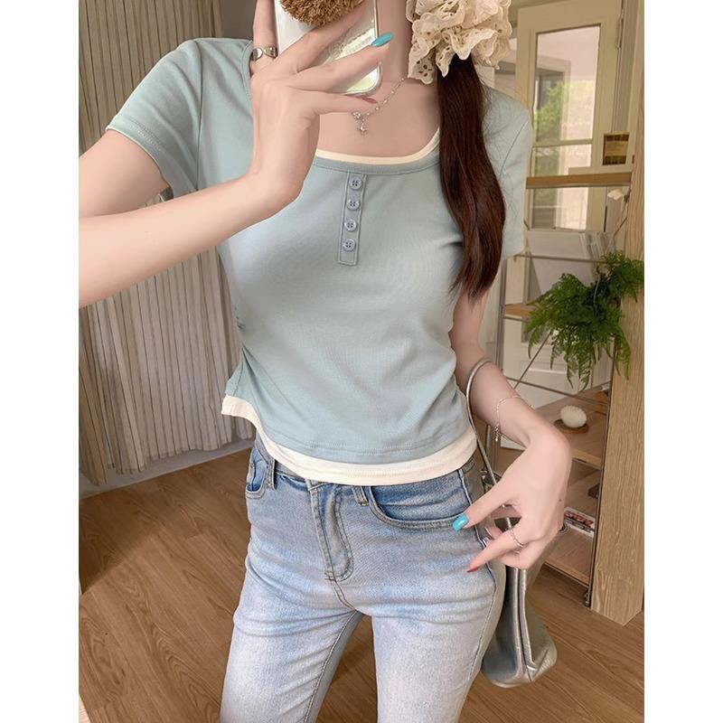 Contrast Color Fake Two-piece Button Design Short-sleeved Slim Light Green White T-shirt Women's Summer Short Top