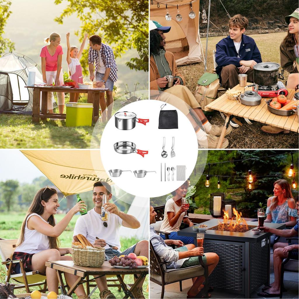 Camping Cookware Stainless Steel Survival Gear With Utensil Camping Cook Pot Set With Carrying Bag For Kitchen Backyard Picnic