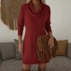 Damen Uni-Farbe Strick Langarm Midi Kleid Pullover - Eleganter Lässiger Pullover Mit Raffung