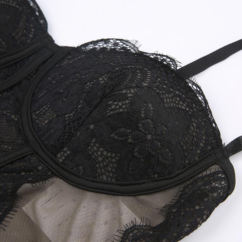 Frauen Spitze Mesh Mesh Spleißen Fisch Knochen Schlank Kleine Weste Freigelegtes Schlüsselbein mit Brust Pad Perspektive Hosenträger Tops