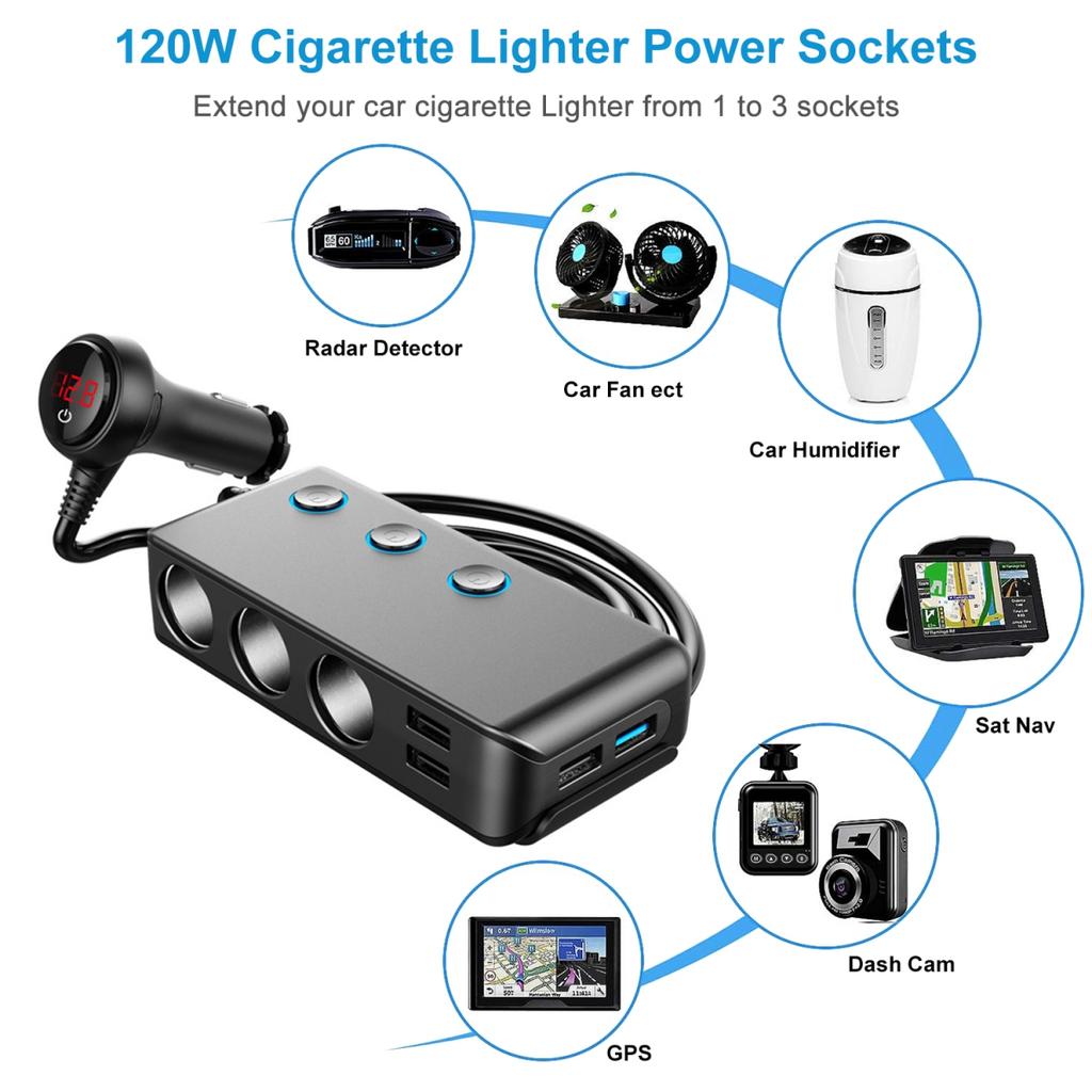 QC3.0 Auto Socket Lighter Splitter,12V/24V 3-Socket 120W DC Power Car Adapter with LED Voltmeter Main Switch,8.5A 4USB Fast Outlets,Independent ON/Off