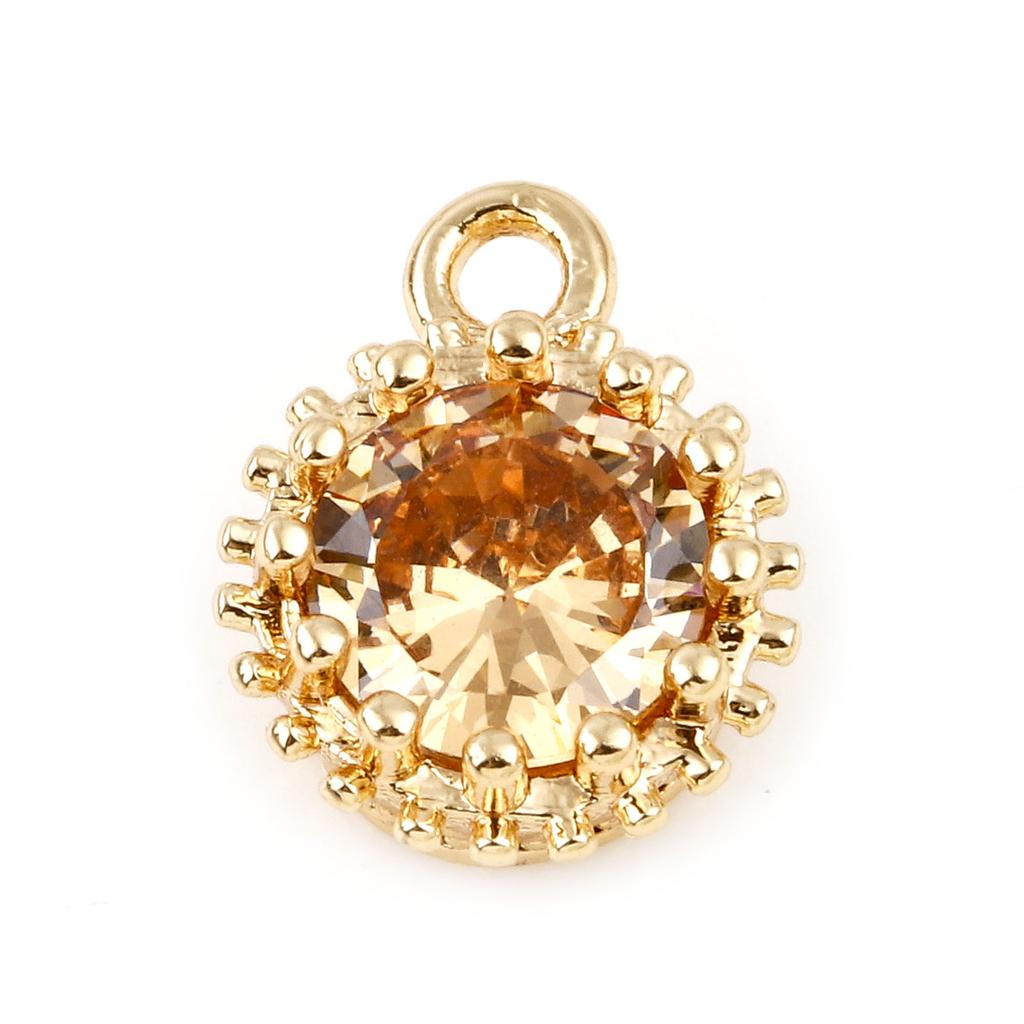 2 Piece Copper Birthstone Charms Round Multicolor Cubic Zirconia Gold Color Metal Pendants DIY Making Earrings Jewelry 9mm x 7mm