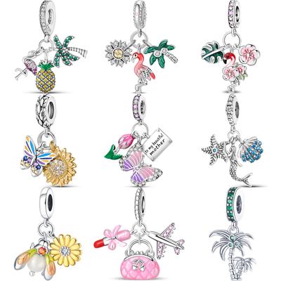 Fit Pantaro Charms Bracelet Women Zircon 925 Sterling Copper Flamingo Mermaid Starfish Shell Coconut Tree Flower Pendant Beads