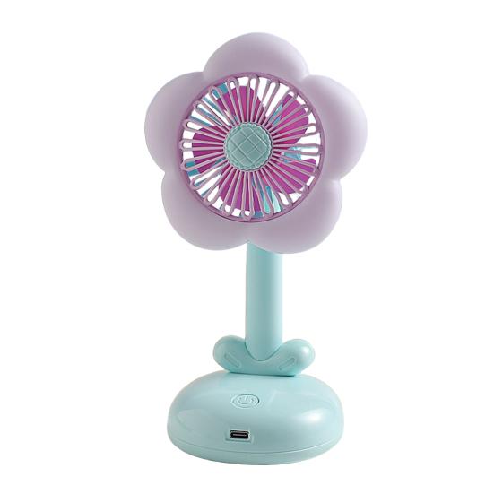 

Маленький настольный вентилятор с щеточным двигателем, мощный воздушный поток, низкий уровень шума, USB-перезаряжаемый вентилятор в форме цветка синий